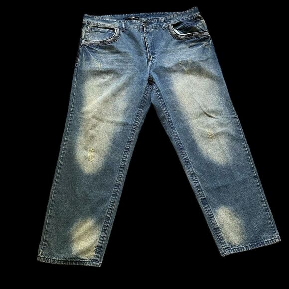 GS Jeans Men Size 46 Straight Relaxed Fit Y2K Thick Stitch Detail Wide Leg Blue - Picture 1 of 4